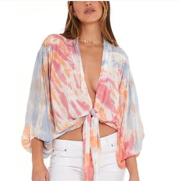 YOUNG FABULOUS AND BROKE Tie Dye Colorful Tie Front Top Women's Small Boho - Picture 8 of 8